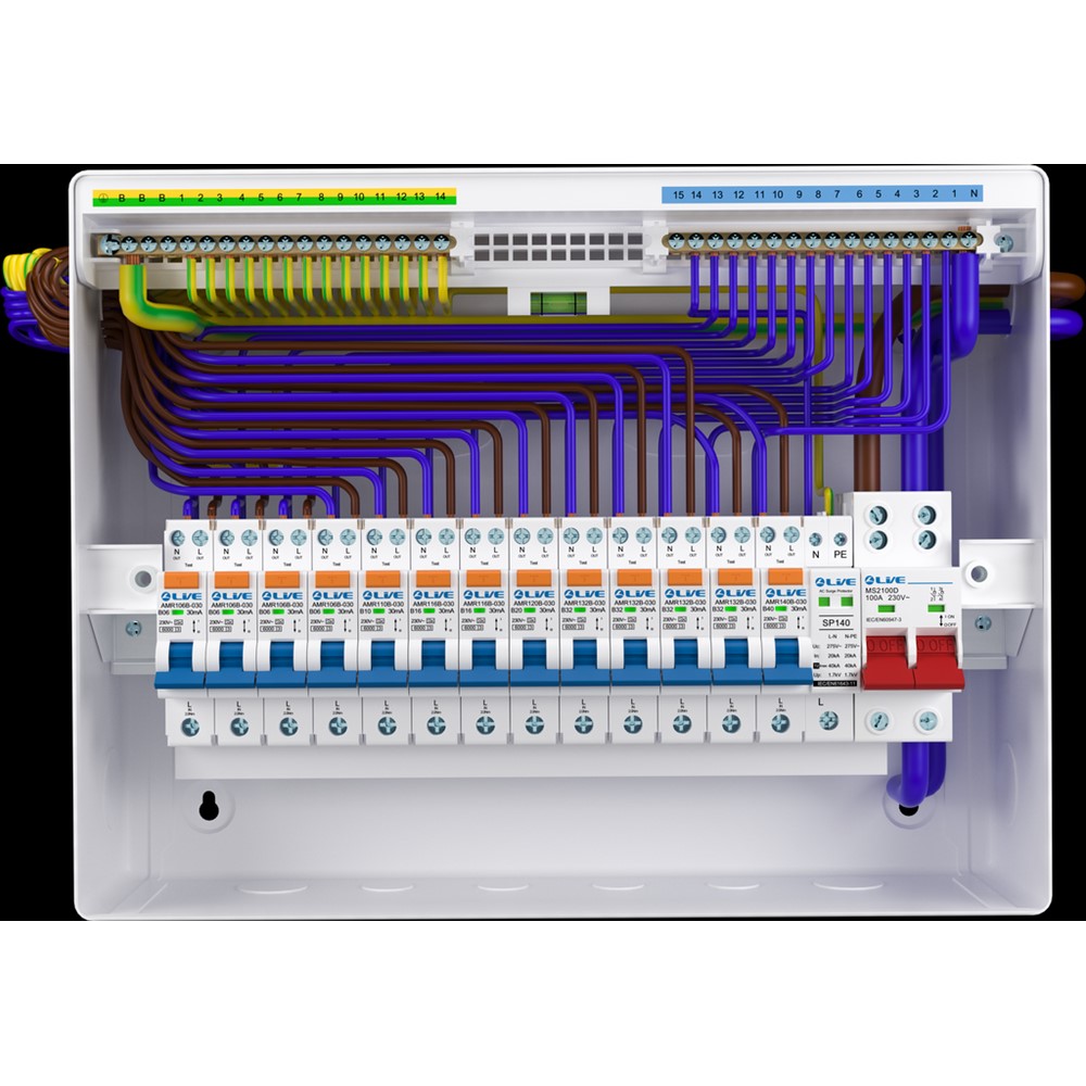 Liveelec LSMC12M-SP<BR> 9 Way Metal Clad<BR> Consumer Unit with 100A DP Isolator and Surge Protection